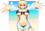  asamura_hiori beach bikini black_bikini black_hairband blonde_hair blue_eyes blue_jacket blush braid breasts cleavage day eyebrows_visible_through_hair fate/grand_order fate_(series) hair_between_eyes hairband highres jacket jeanne_d'arc_(fate) jeanne_d'arc_(fate)_(all) large_breasts long_braid long_hair long_sleeves navel open_mouth partially_unzipped shiny shiny_skin single_braid sky sleeves_past_wrists smile solo standing swimsuit very_long_hair water 