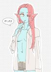  anthro blue_skin breasts brushing_teeth cleavage clothed clothing female fish hair invalid_tag long_hair marine midriff noaharbre one_eye_closed open_shirt red_hair shirt sketch solo standing undertale underwear undyne video_games yellow_eyes 