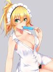  blonde_hair blush breasts cleavage commentary_request elf etan14 food green_eyes highres large_breasts long_hair looking_at_viewer maid_headdress original panties pointy_ears ponytail popsicle shirt sleeveless sleeveless_shirt solo tongue tongue_out underwear 
