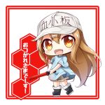  :d bangs black_footwear blue_shirt boots brown_eyes brown_shorts character_name chibi clothes_writing commentary_request eyebrows_visible_through_hair flat_cap grey_hat hair_between_eyes hat hataraku_saibou head_tilt holding light_brown_hair long_hair looking_at_viewer open_mouth platelet_(hataraku_saibou) shachoo. shirt short_shorts short_sleeves shorts smile solo standing standing_on_one_leg translation_request very_long_hair wide_sleeves 