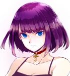  alternate_hair_length alternate_hairstyle aoba_(smartbeat) bangs bare_shoulders blue_earrings blue_eyes blunt_bangs bob_cut breasts choker cleavage collarbone commentary_request cross earrings fate/grand_order fate_(series) highres jewelry looking_at_viewer purple_hair red_choker saint_martha saint_martha_(swimsuit_ruler)_(fate) short_hair simple_background upper_body white_background 