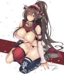  arm_support arm_under_breasts black_legwear blush breast_hold breasts breasts_outside brown_hair clothes_writing collar covering covering_breasts dated detached_sleeves flower hair_between_eyes hair_flower hair_intakes hair_ornament headgear kantai_collection large_breasts long_hair looking_at_viewer metal_collar nipples pleated_skirt ponytail purple_eyes red_skirt rib:y(uhki) signature simple_background single_thighhigh sitting skindentation skirt skirt_around_one_leg smile solo thighhighs topless twitter_username very_long_hair wariza white_background yamato_(kantai_collection) 