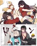  4girls ahoge aunt_and_niece black_hair blonde_hair brother_and_sister brown_hair buster_shirt chacha_(fate/grand_order) comic fate/grand_order fate_(series) food hijikata_toshizou_(fate/grand_order) holding holding_food long_hair long_sleeves looking_at_viewer multiple_boys multiple_girls oda_nobukatsu_(fate/grand_order) oda_nobunaga_(fate) oda_nobunaga_(swimsuit_berserker)_(fate) okita_souji_(fate) okita_souji_(fate)_(all) omi_(tyx77pb_r2) open_mouth pillow pillow_fight red_eyes red_shirt shirt siblings silent_comic smile t-shirt translation_request uncle_and_niece wide_sleeves 