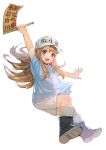  :d bangs baseball_cap black_footwear blue_shirt blush boots bow_(bhp) brown_eyes brown_hair flag floating_hair full_body grey_shorts hand_up hat hataraku_saibou holding long_hair looking_at_viewer open_mouth platelet_(hataraku_saibou) shirt short_sleeves shorts simple_background smile solo white_background white_hat 