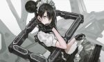 agent_(girls_frontline) black_gloves black_hair commentary_request double_bun dress dress_lift girls_frontline gloves hair_between_eyes half_gloves infukun lifted_by_self long_hair looking_at_viewer machinery maid maid_headdress official_art sangvis_ferri solo standing weapon yellow_eyes 