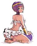  1girl ankleband armband asa back bare_arms bare_shoulders barefoot bikini curvy dark_skin egyptian feet hips kneeling legs menat purple_hair short_hair simple_background solo street_fighter street_fighter_v swimsuit tanned_skin thighs tiara white_bikini 