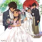  2girls blue_sky blush bouquet bridal_veil brown_hair commentary_request couple dark_skin dark_skinned_male day dress fate/grand_order fate/prototype fate/prototype:_fragments_of_blue_and_silver fate_(series) flower hair_flower hair_ornament holding holding_bouquet holding_umbrella husband_and_wife japanese_clothes jewelry kimono long_hair long_sleeves looking_at_another medjed moses_(fate/prototype_fragments) multiple_boys multiple_girls necklace nefertari_(fate/prototype_fragments) nitocris_(fate/grand_order) nitocris_(swimsuit_assassin)_(fate) omi_(tyx77pb_r2) open_mouth outdoors ozymandias_(fate) pink_eyes pink_flower pink_rose red_umbrella rose shared_umbrella sky smile uchikake umbrella unmoving_pattern veil wedding_dress white_flower white_kimono white_rose wide_sleeves yellow_eyes 