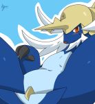  ambiguous_gender belly blue_belly blue_body blush claws facial_hair gearfactory horn lying mammal mustelid nintendo nude on_back pok&eacute;mon pok&eacute;mon_(species) samurott simple_background solo spread_legs spreading sweat thick_thighs video_games 
