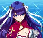  aoba_(smartbeat) bangs blue_eyes blunt_bangs breasts capelet cleavage collarbone commentary_request day earrings fate/grand_order fate_(series) hair_ribbon jewelry large_breasts long_hair looking_at_viewer ocean outdoors purple_hair red_capelet ribbon saint_martha white_ribbon 