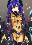  blue_hair bodysuit breasts covered_navel cowboy_shot gradient_hair grey_background hair_between_eyes long_hair looking_at_viewer medium_breasts multicolored_hair orange_eyes phantasy_star phantasy_star_online_2 purple_hair quna_(pso2) shimozuki_shio simple_background solo standing twintails two-tone_hair yellow_bodysuit zelsius 