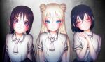  3girls :3 arms_at_sides artist_name asobi_asobase black_hair black_skirt blonde_hair blue_eyes blush breasts brown_eyes closed_mouth collared_shirt commentary double_bun eyebrows_visible_through_hair glasses head_tilt highres honda_hanako large_breasts long_hair looking_at_viewer low_twintails multiple_girls necktie nomura_kasumi number olivia_(asobi_asobase) own_hands_together pleated_skirt purple_eyes school_uniform semi-rimless_eyewear shirt short_sleeves signature skirt smile tsiox twintails under-rim_eyewear white_shirt wing_collar 