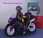  anthro braided_hair butt clothed clothing english_text feline female hair looking_at_viewer mammal motorcycle open_mouth panther pink_nose remarkably_average rimba_racer smile solo tamira tamira_(rimba_racer) text uniform vehicle wallpaper yellow_eyes 
