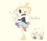  2boys ;d aya_(ayamenora) black_eyes blue_skirt character_name cuphead cuphead_(game) drinking_straw gloves heart ms._chalice mugman multiple_boys one_eye_closed open_mouth pumpkin_panties shorts simple_background skirt smile standing standing_on_one_leg white_gloves yellow_background yellow_footwear 