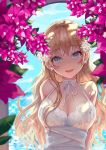  :d bangs bare_shoulders blonde_hair blue_eyes blue_sky bougainvillea_(flower) breasts choker cleavage commentary_request day dress earrings eyebrows_visible_through_hair facial_mark flower flower_earrings hair_flower hair_ornament highres jewelry large_breasts long_hair looking_at_viewer ocean open_mouth original sky sleeveless sleeveless_dress smile solo sparkle sundress tamarashi upper_body white_dress 