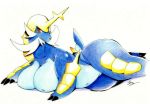  big_breasts blue_belly blue_body blush breasts claws eyelashes facial_hair female feral gearfactory horn lying mammal mustelid navel nintendo pok&eacute;mon pok&eacute;mon_(species) samurott simple_background smile solo thick_thighs video_games 