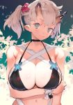  arm_under_breasts bikini black_bikini blush breast_hold breasts choker cleavage green_eyes hair_ornament horns large_breasts looking_at_viewer original short_hair side_ponytail silver_hair smile solo swimsuit toridamono 