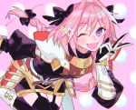  armor astolfo_(fate) bangs belt black_bow black_legwear blush bow braid commentary_request crossdressing elbow_gloves eyebrows_visible_through_hair fang fate/grand_order fate_(series) garter_straps gauntlets gloves hair_bow happy long_hair long_sleeves looking_at_viewer multicolored_hair one_eye_closed open_mouth otoko_no_ko pauldrons pink_background pink_hair polka_dot polka_dot_background purple_eyes sara_(kurome1127) single_braid smile solo star star-shaped_pupils symbol-shaped_pupils thighhighs twitter_username two-tone_hair v white_hair zettai_ryouiki 