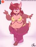  anthro barefoot bedroom_eyes belly belly_dancer big_breasts blue_eyes blush breasts brown_fur brown_hair canine cleavage clothed clothing dog ear_piercing female fur hair half-closed_eyes jewelry looking_at_viewer mammal mary_blissany navel nekocrispy overweight overweight_female piercing pink_background ring seductive simple_background smile thick_thighs toe_ring wide_hips 