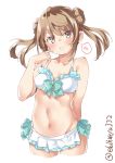  bangs bikini blush breasts brown_eyes brown_hair collarbone double_bun ebifurya eyebrows_visible_through_hair frilled_bikini frills front-tie_bikini front-tie_top groin hair_between_eyes hair_ornament highres kantai_collection long_hair looking_at_viewer michishio_(kantai_collection) navel open_mouth short_twintails side-tie_bikini simple_background small_breasts solo spoken_blush swimsuit twintails white_background 