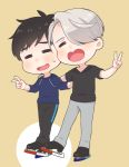  2boys =_= black_hair black_pants eyes_closed hair_over_one_eye hand_on_another&#039;s_shoulder ice_skates katsuki_yuuri male_focus multiple_boys open_mouth pants ruei_(chicking) shirt silver_hair skates smile t-shirt v viktor_nikiforov yuri!!!_on_ice 