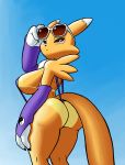  2018 anthro big_breasts big_butt bikini black_nose blue_eyes breasts butt canine chest_tuft clothed clothing digimon eyewear female looking_at_viewer mammal rear_view renamon side_boob simple_background sling_bikini solo standing sunglasses suntan swimsuit tansau tuft 