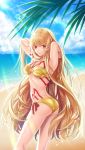  ass beach bikini blonde_hair chest_tattoo closed_mouth cloud commentary_request cowboy_shot day fate/stay_night fate_(series) genderswap genderswap_(mtf) gilgamesh highres long_hair looking_at_viewer neudot_(lunaxfiore) red_eyes sky smile solo summer swimsuit tattoo very_long_hair water yellow_bikini 