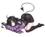  ahoge arm_pillow ass bangs black_hair black_legwear black_shirt black_skirt breasts buckle closed_mouth commentary crop_top demon_girl demon_horns demon_tail expressionless full_body hair_flaps hair_over_one_eye high-waist_skirt horns long_hair looking_at_viewer medium_breasts multicolored_hair nijisanji no_shoes off-shoulder_shirt off_shoulder pale_skin purple_shirt red_eyes red_hair shirt shu-mai simple_background skirt sleeves_past_fingers sleeves_past_wrists solo striped striped_legwear tail thighhighs top-down_bottom-up two-tone_hair vertical-striped_legwear vertical_stripes virtual_youtuber white_background yamiyono_moruru 