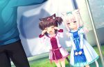  2girls animal_ears bed_sheet bedwetting black_hair blue_eyes blush bow cat_ears cat_tail chocola_(sayori) closed_mouth crying crying_with_eyes_open dress game_cg hair_bow highres laundry long_hair low_twintails minazuki_kashou multiple_girls nekopara non-web_source open_mouth outdoors sayori short_hair tail tears twintails vanilla_(sayori) white_hair 