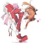  bent_over black_ribbon blue_eyes blush dress hair_ribbon ixy kaitou_tenshi_twin_angel long_sleeves looking_at_viewer magical_girl minazuki_haruka_(twin_angel) open_mouth orange_hair pink_ribbon red_dress red_footwear red_ribbon ribbon shoes short_hair simple_background solo standing thighhighs twin_angel twintails white_background white_legwear 