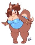  anthro belly blue_eyes breasts brown_fur brown_hair canine cleavage clothed clothing dog female fur hair jewelry looking_at_viewer mammal mary_blissany nekocrispy one-piece_swimsuit open_mouth overweight overweight_female simple_background smile solo swimsuit thick_thighs white_background wide_hips 