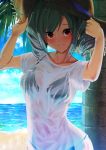  adjusting_headwear alternate_costume beach bikini bikini_under_clothes black_bikini blush commentary_request cowboy_shot day drill_hair eyebrows_visible_through_hair hat idolmaster idolmaster_cinderella_girls kanzaki_ranko long_hair looking_at_viewer outdoors palm_tree red_eyes see-through shirt silver_hair smile solo sousakubito stomach straw_hat sun_hat swimsuit tree twin_drills twintails wet wet_clothes wet_shirt white_shirt 