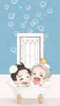  2boys =_= bathing bathtub black_hair bubble claw_foot_bathtub eyes_closed hair_slicked_back heart-shaped_mouth highres katsuki_yuuri male_focus multiple_boys open_mouth rubber_duck ruei_(chicking) shared_bathing silver_hair smile viktor_nikiforov window yuri!!!_on_ice 