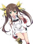  brown_hair detached_sleeves eyebrows_visible_through_hair fang green_eyes hair_ribbon huang_lingyin infinite_stratos ixy long_hair looking_at_viewer open_mouth ribbon simple_background solo standing standing_on_one_leg uniform white_background yellow_ribbon 