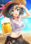  :d alcohol aqua_eyes arm_up bangs beach beer beer_mug bikini bikini_under_clothes black_bikini blue_eyes blue_sky blush commentary_request cowboy_shot day eyebrows_visible_through_hair flower green_hair hat heterochromia hibiscus highres holding idolmaster idolmaster_cinderella_girls jewelry kirifrog mole mole_under_eye navel necklace open_mouth outdoors palm_tree sarong see-through shirt short_sleeves sky smile solo straw_hat sun_hat swimsuit takagaki_kaede tied_shirt tree wet wet_clothes wet_shirt white_shirt 