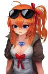  ahoge blue_eyes breasts cleavage commentary_request cowboy_shot dokomon eyebrows_visible_through_hair eyewear_on_head gem girls_frontline hair_between_eyes highres kalina_(girls_frontline) korean_commentary large_breasts object_on_breast orange_hair side_ponytail solo sunglasses white_background 