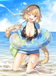  ;d absurdly_long_hair bangs barefoot bikini black_bikini black_hairband blonde_hair blue_innertube blue_jacket blue_sky blush braid breasts cleavage cloud cloudy_sky collarbone commentary_request day eyebrows_visible_through_hair fate/grand_order fate_(series) front-tie_bikini front-tie_top hair_between_eyes hairband head_tilt hood hood_down hooded_jacket horizon innertube jacket jeanne_d'arc_(fate)_(all) jeanne_d'arc_(swimsuit_archer) kneeling long_hair long_sleeves looking_at_viewer medium_breasts ocean one_eye_closed open_clothes open_jacket open_mouth outdoors purple_eyes round_teeth sand sky sleeves_past_wrists smile solo swimsuit teeth transparent twitter_username tyone upper_teeth very_long_hair water 