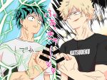  anger_vein angry bakugou_katsuki bar_censor black_shirt blonde_hair boku_no_hero_academia censored clenched_teeth clothes_writing commentary_request constricted_pupils electricity eye_contact flat_color green_hair hand_up high_contrast highres kasumiougi lips looking_at_another male_focus middle_finger midoriya_izuku multiple_boys neck red_eyes romaji scar shirt short_sleeves spiked_hair t-shirt teeth translation_request upper_body veins veiny_hands white_shirt wide-eyed 