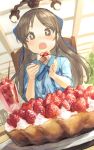  1girl bangs bionekojita blue_ribbon blue_shirt blush brown_eyes brown_hair chair commentary cream eating eyebrows_visible_through_hair food fork fruit hair_ribbon highres holding holding_fork idolmaster idolmaster_cinderella_girls idolmaster_cinderella_girls_starlight_stage indoors long_hair looking_at_viewer neck_ribbon open_mouth parfait parted_bangs pie plaid plaid_shirt plate ribbon round_teeth shirt short_sleeves sitting solo strawberry table tachibana_arisu teeth upper_body 