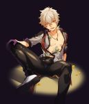  arm_support black_background black_pants chest coin ensemble_stars! jewelry male_focus money money_hold necklace nipple_slip nipples oogami_koga open_clothes open_mouth open_shirt pants silver_hair simple_background siruphial solo spotlight white_footwear yellow_eyes 