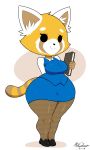  2018 aggressive_retsuko anthro big_butt black_stockings butt clothed clothing digital_media_(artwork) ear_tuft female footwear fully_clothed hand_behind_back hi_res holding_object legwear mammal mehdrawings multicolored_tail red_panda retsuko sanrio shoes signature smile solo stockings thick_thighs tuft 