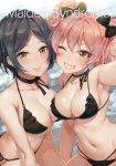  bangs bare_shoulders bikini black_bikini black_bow black_hair blush bow breasts choker cleavage collarbone commentary_request eyelashes grin hair_between_eyes hair_bow hayami_kanade idolmaster idolmaster_cinderella_girls jougasaki_mika large_breasts long_hair looking_at_viewer multiple_girls navel o-ring o-ring_bottom one_eye_closed parted_bangs parted_lips pink_hair reaching_out self_shot short_hair side-tie_bikini smile swimsuit terumii thighs twintails wet yellow_eyes 