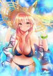  absurdres adjusting_clothes adjusting_hat animal_ear_fluff animal_ears bikini blue_bikini blush breasts cleavage collarbone covered_navel day ears_through_headwear fate/grand_order fate_(series) fox_ears hat highres large_breasts looking_at_viewer meliyannn ocean outdoors pink_hair side-tie_bikini solo straw_hat swimsuit tamamo_(fate)_(all) tamamo_no_mae_(swimsuit_lancer)_(fate) yellow_eyes 