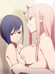  asymmetrical_docking blue_hair blush breast_envy breast_press breasts closed_mouth commentary_request darling_in_the_franxx green_eyes highres horns ichigo_(darling_in_the_franxx) large_breasts long_hair looking_at_another monsoon multiple_girls nipples nude pink_hair red_horns short_hair size_difference small_breasts smile smirk upper_body yuri zero_two_(darling_in_the_franxx) 