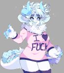  &lt;3 2019 absolute_territory anthro ashiji ashiji_(character) blue_eyes chest_tuft claws clothing dragon dress english_text female fluffy fur furred_dragon hair happy horn legwear looking_at_viewer open_mouth profanity scalie shirt smile solo stockings sweater text tuft white_fur white_hair 