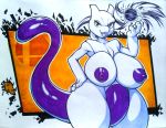  2018 breasts female invalid_tag legendary_pok&eacute;mon looking_at_viewer mammal mewtwo nintendo nipples pok&eacute;mon pok&eacute;mon_(species) purple_eyes smile solo video_games walter_sache 