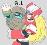  ^_^ android block_man blonde_hair blue_eyes carrying closed_eyes commentary english_commentary grey_background helmet jiayu_long male_focus multiple_boys robot rockman rockman_11 rockman_x simple_background smile waving zero_(rockman) 