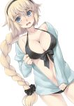  ass_visible_through_thighs bangs bare_shoulders bikini black_bikini black_hairband black_scrunchie blonde_hair blue_eyes blue_jacket blush braid breasts cleavage commentary_request eyebrows_visible_through_hair fate/grand_order fate_(series) hair_between_eyes hair_ornament hair_scrunchie hairband highres jacket jeanne_d'arc_(fate)_(all) jeanne_d'arc_(swimsuit_archer) large_breasts long_hair long_sleeves navel nose_blush off_shoulder open_clothes open_jacket open_mouth rin2008 scrunchie sleeves_past_wrists solo swimsuit very_long_hair 