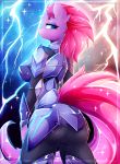  2018 absurd_res anthro anthrofied armor big_breasts blue_eyes breasts broken_horn butt butt_pose digital_media_(artwork) equine female fizzlepop_berrytwist_(mlp) hair hi_res horn koveliana lightning looking_at_viewer mammal my_little_pony my_little_pony_the_movie pink_hair solo tempest_shadow_(mlp) unicorn url 