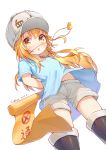  :o absurdres arms_behind_back blonde_hair blue_shirt blush catxuan child flag flat_cap full_body hat hataraku_saibou highres long_hair open_mouth platelet_(hataraku_saibou) shirt short_sleeves shorts solo standing transparent_background whistle whistle_around_neck wind wind_lift yellow_eyes 