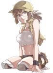  1girl belt breasts brown_eyes brown_hair crop_top fio_germi full_body glasses hat knee_pads looking_at_viewer medium_breasts metal_slug midriff ogehara open_mouth ponytail seiza shorts simple_background sitting snk socks solo vest 